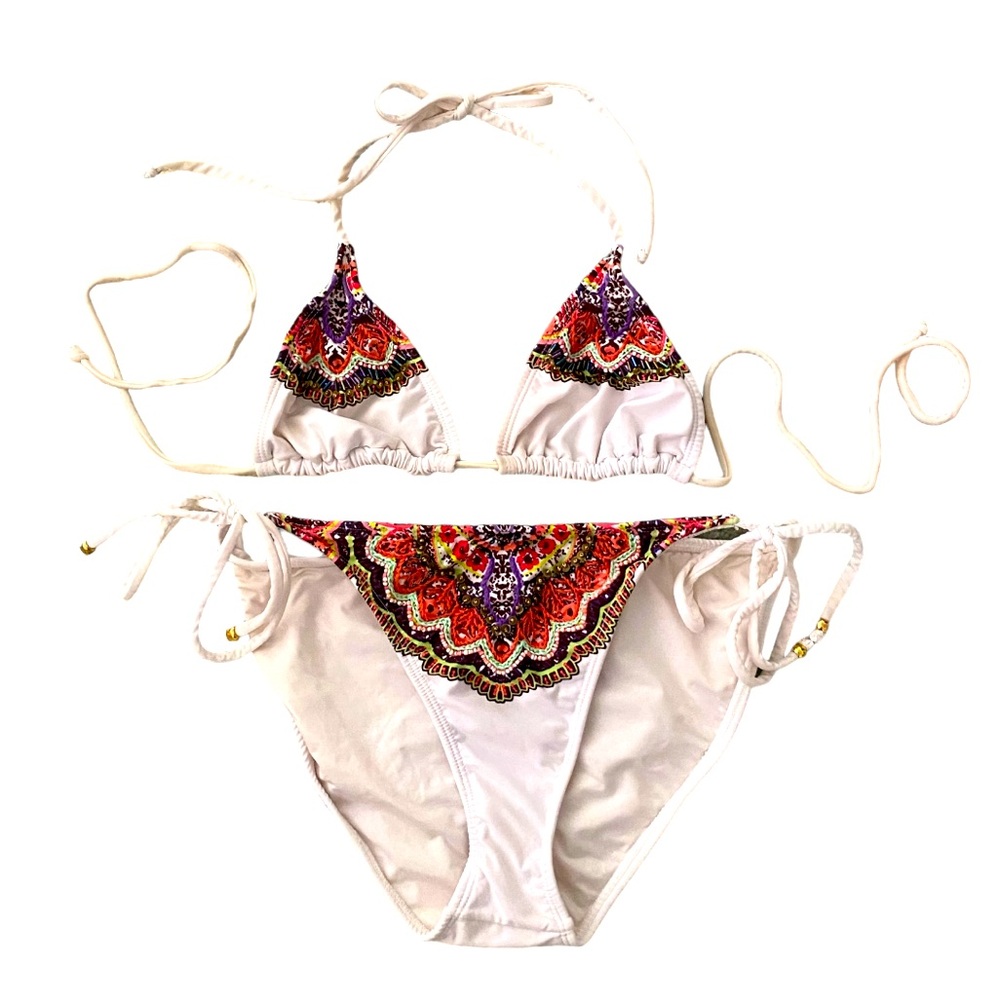 PilyQ White Bikini with Colorful Embroidered Top Shirred Bottom Sz Med.